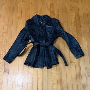 Vintage 70s Black Leather Belted Jacket